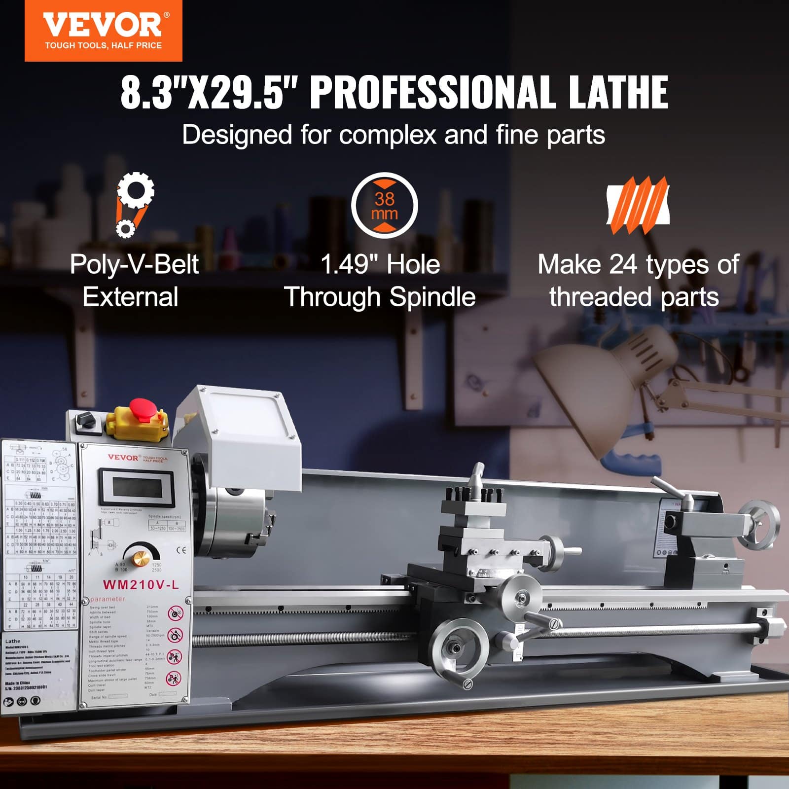 VEVOR Benchtop Metal Lathe 210x750mm, 750W Brushless Motor, Variable Speed 0–2500 RPM, Metal Gears, for Precision Parts — attēls 2