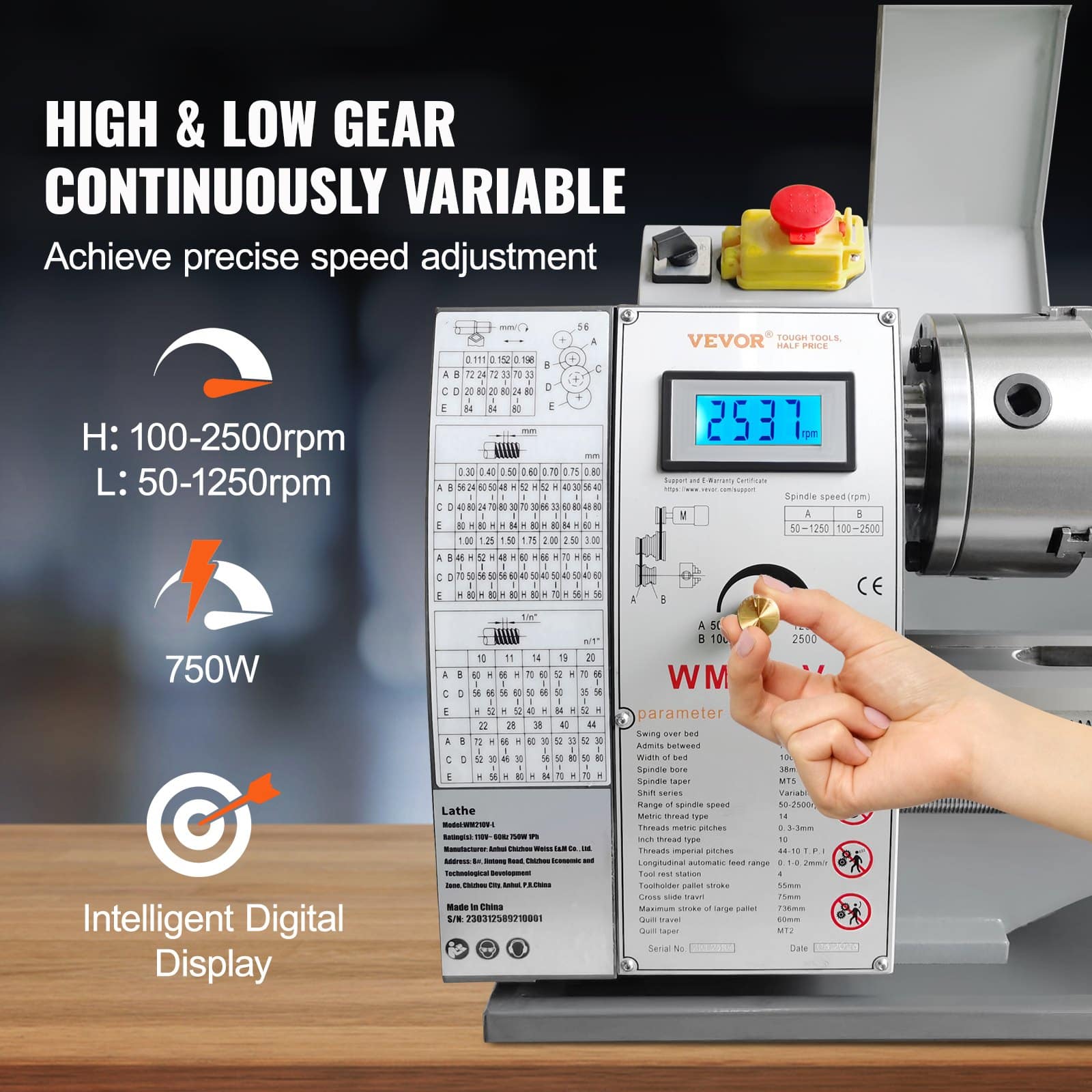 VEVOR Benchtop Metal Lathe 210x750mm, 750W Brushless Motor, Variable Speed 0–2500 RPM, Metal Gears, for Precision Parts — attēls 3