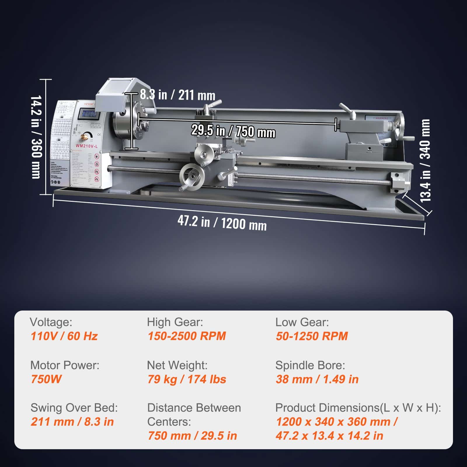 VEVOR Benchtop Metal Lathe 210x750mm, 750W Brushless Motor, Variable Speed 0–2500 RPM, Metal Gears, for Precision Parts — attēls 7