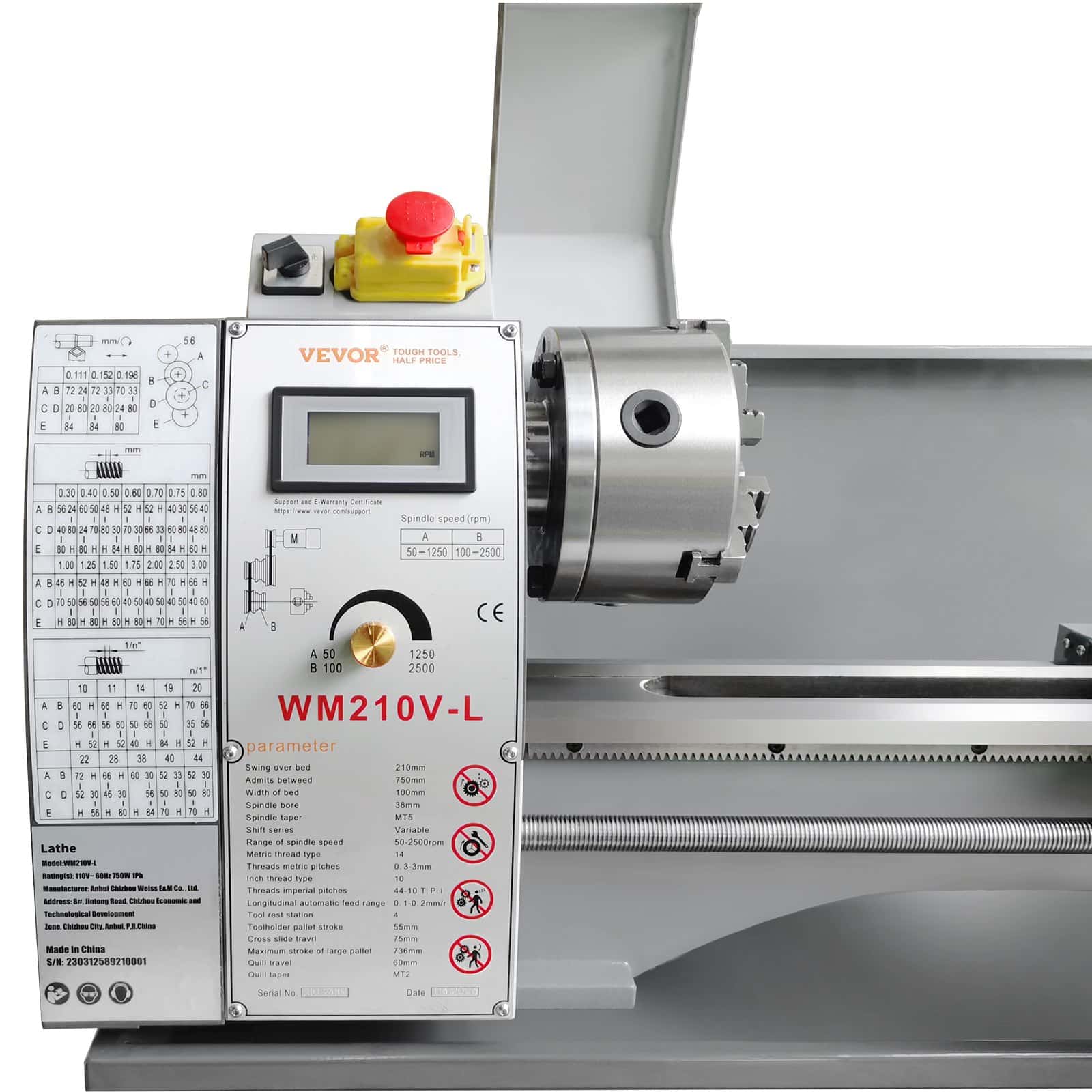 VEVOR Benchtop Metal Lathe 210x750mm, 750W Brushless Motor, Variable Speed 0–2500 RPM, Metal Gears, for Precision Parts — attēls 12