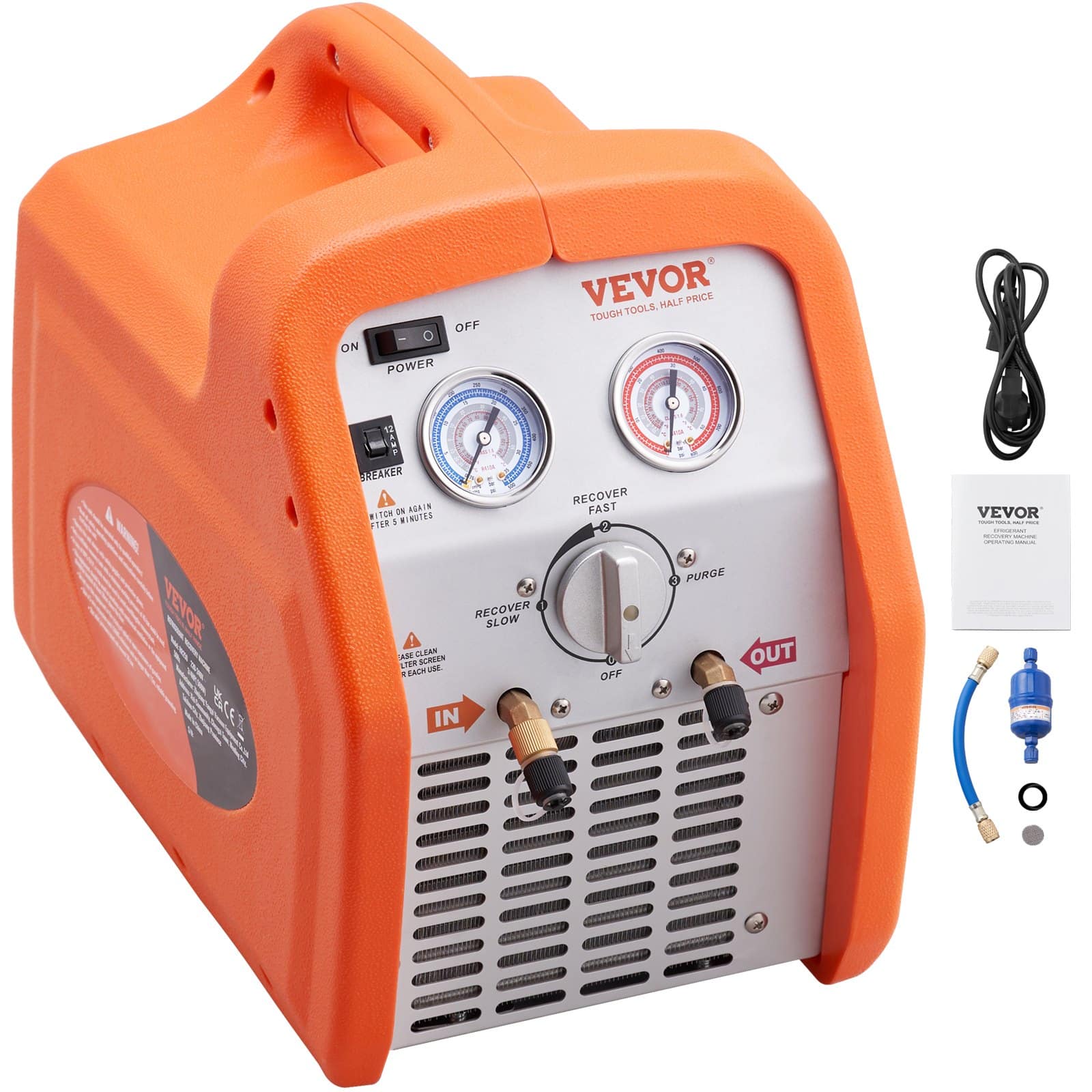 VEVOR 3/4 HP Portable Refrigerant Recovery Machine 220-240V for HVAC, Car AC, Vapor & Liquid, High Pressure Protection