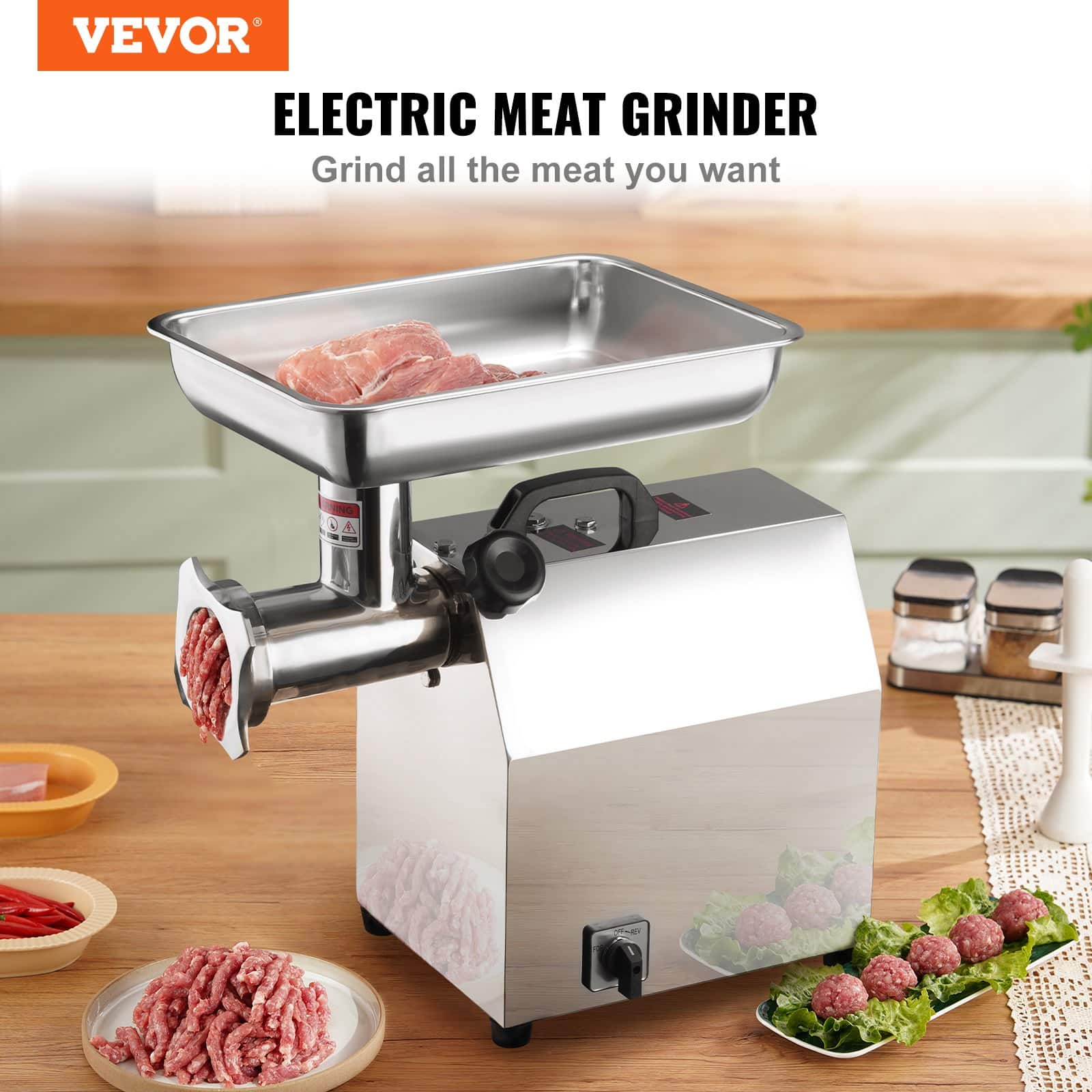 VEVOR 1100W Electric Meat Grinder, 360.7 kg/h Capacity, Stainless Steel Mincer with Blades, Plates, Sausage & Kubbe Kit, ETL - Pilt 2
