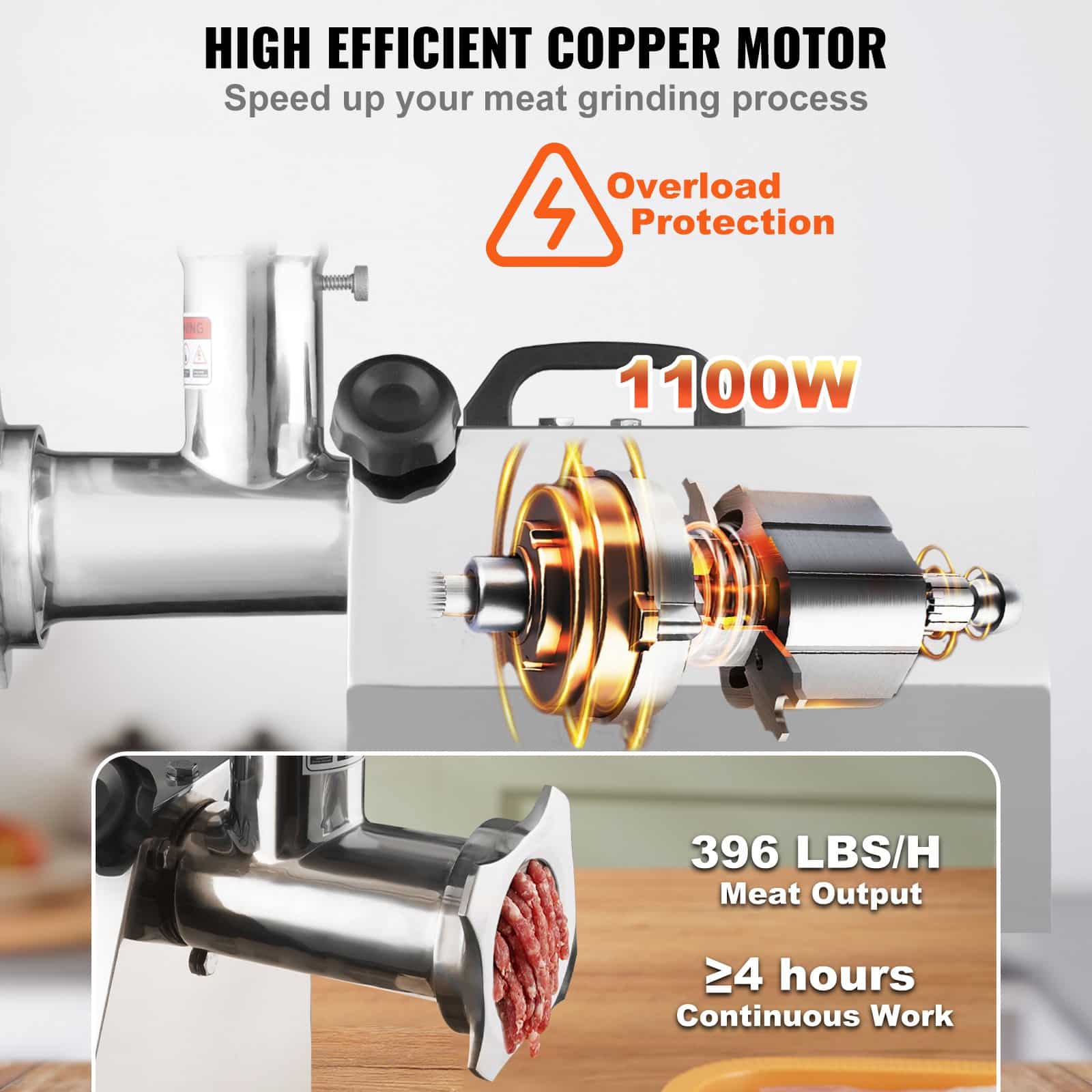 VEVOR 1100W Electric Meat Grinder, 360.7 kg/h Capacity, Stainless Steel Mincer with Blades, Plates, Sausage & Kubbe Kit, ETL - Pilt 3