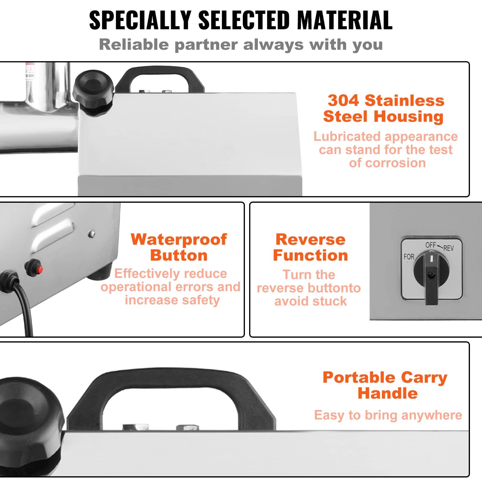 VEVOR 1100W Electric Meat Grinder, 360.7 kg/h Capacity, Stainless Steel Mincer with Blades, Plates, Sausage & Kubbe Kit, ETL - Pilt 5
