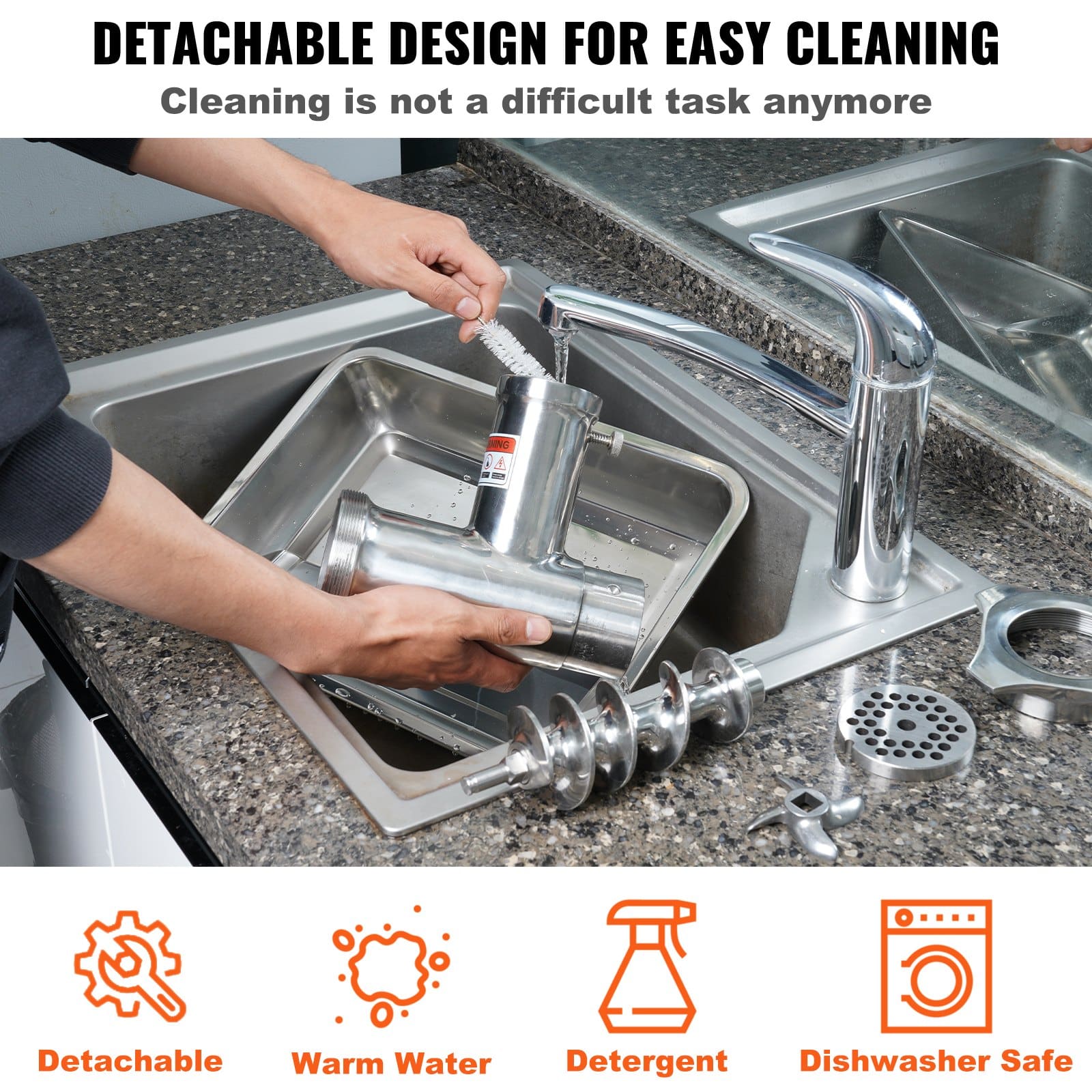 VEVOR 1100W Electric Meat Grinder, 360.7 kg/h Capacity, Stainless Steel Mincer with Blades, Plates, Sausage & Kubbe Kit, ETL - Pilt 6