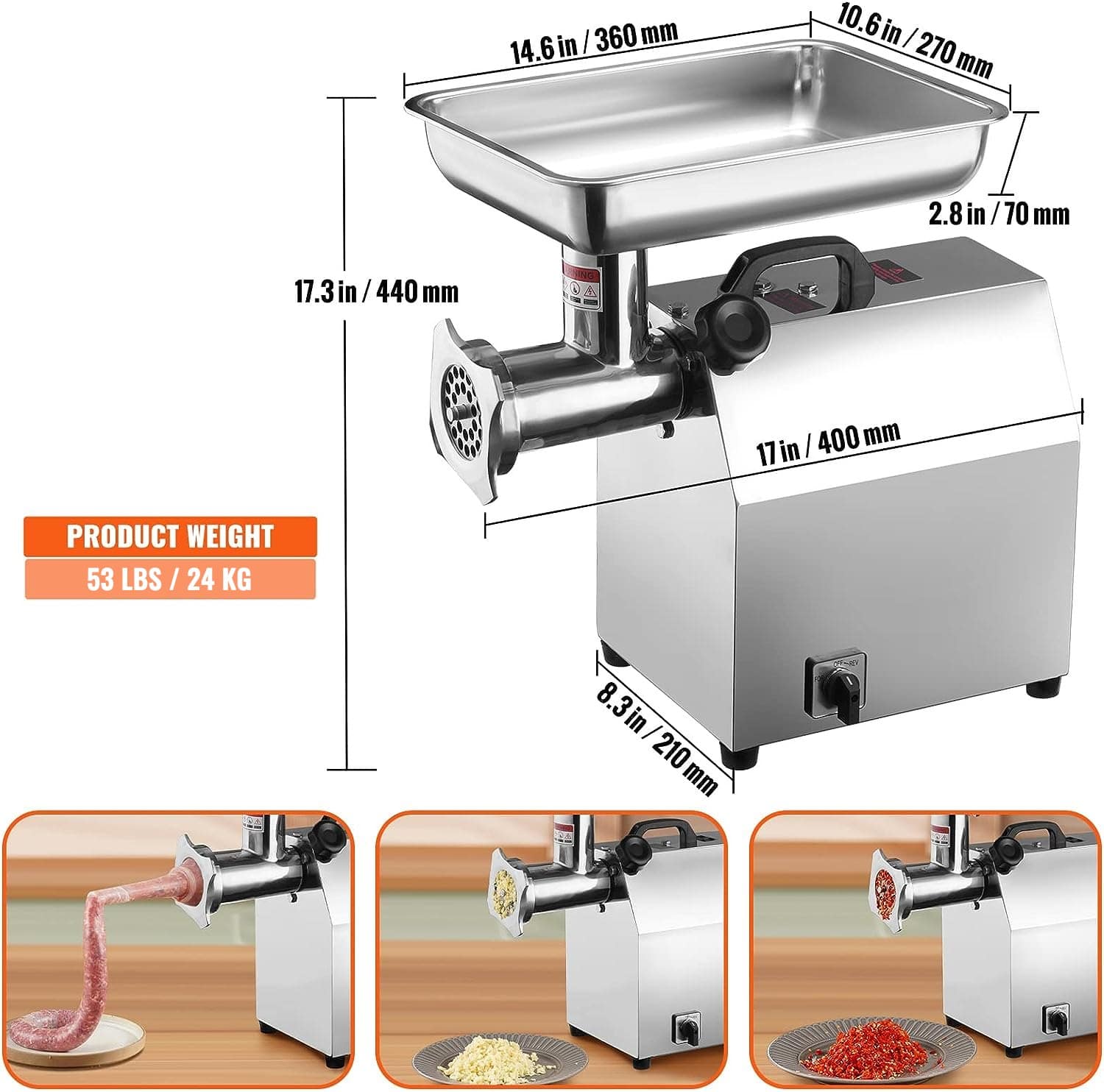 VEVOR 1100W Electric Meat Grinder, 360.7 kg/h Capacity, Stainless Steel Mincer with Blades, Plates, Sausage & Kubbe Kit, ETL - Pilt 7