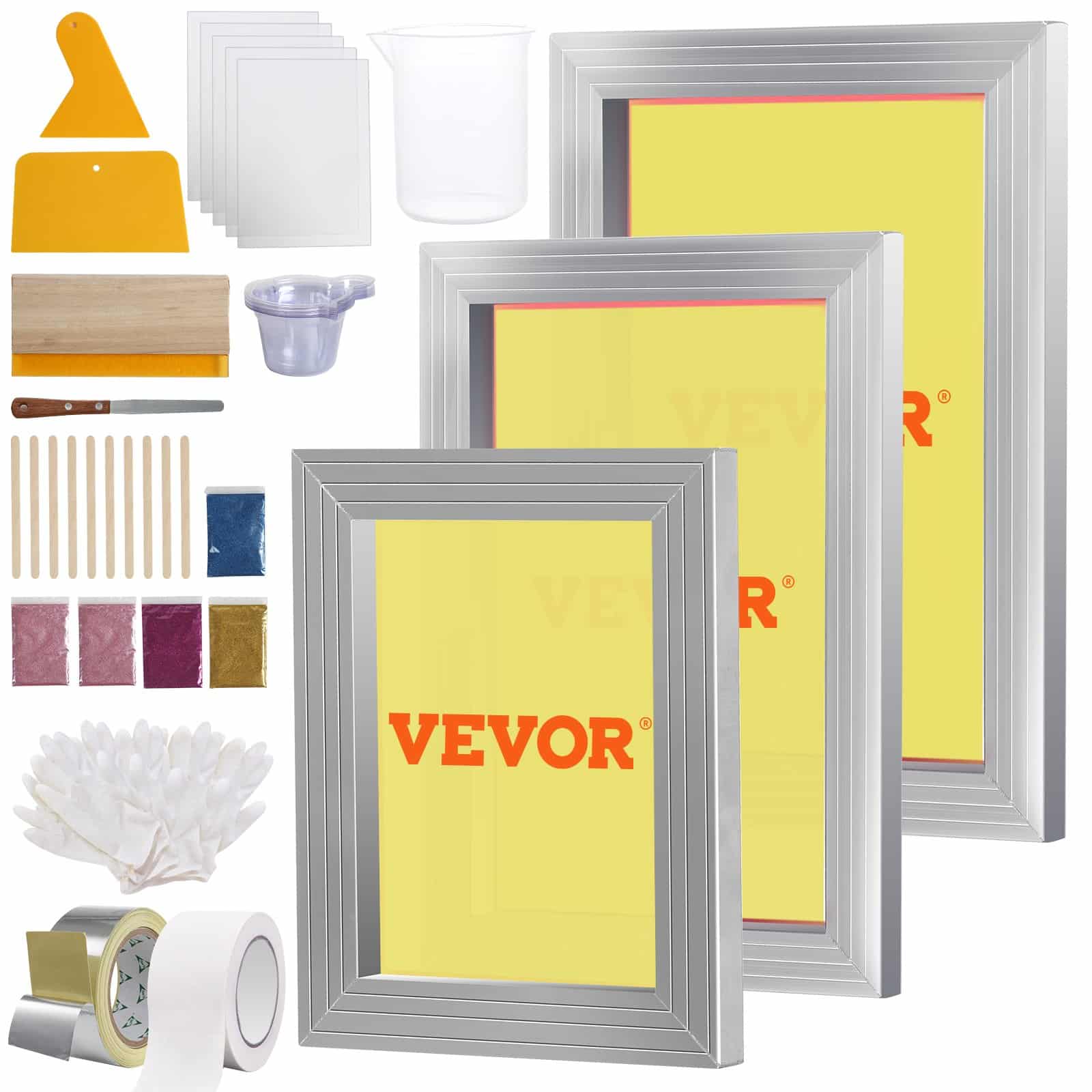 VEVOR Screen Printing Kit with 3 Aluminum Frames (15x25/20x30/25x35cm), 110 Mesh, Glitters, Squeegee & Films for DIY T-Shirts