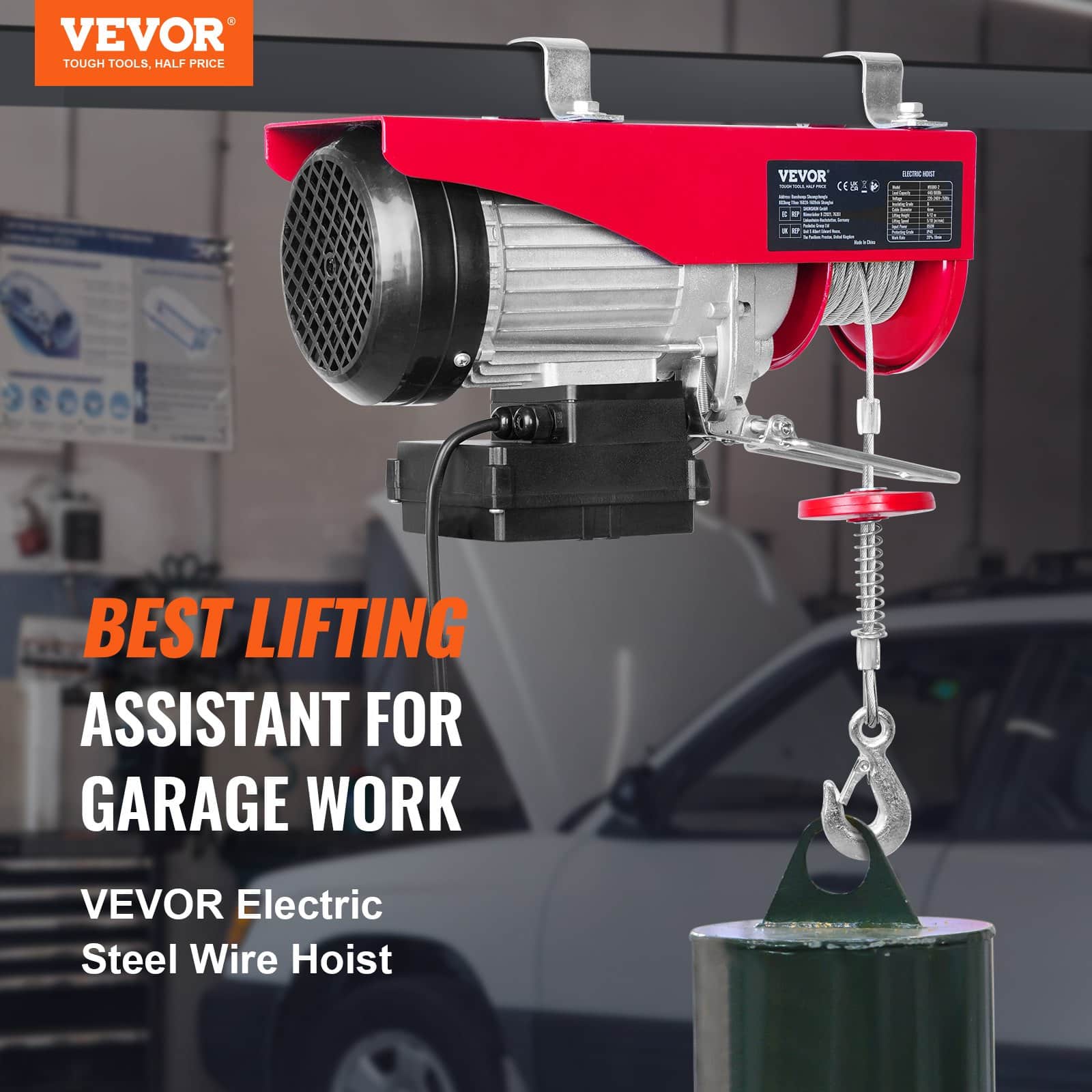 VEVOR Electric Hoist 399.2kg Capacity, 850W 220V Winch with Remote, 12.19m Lift Height, Copper Motor for Garage/Factory - Image 2