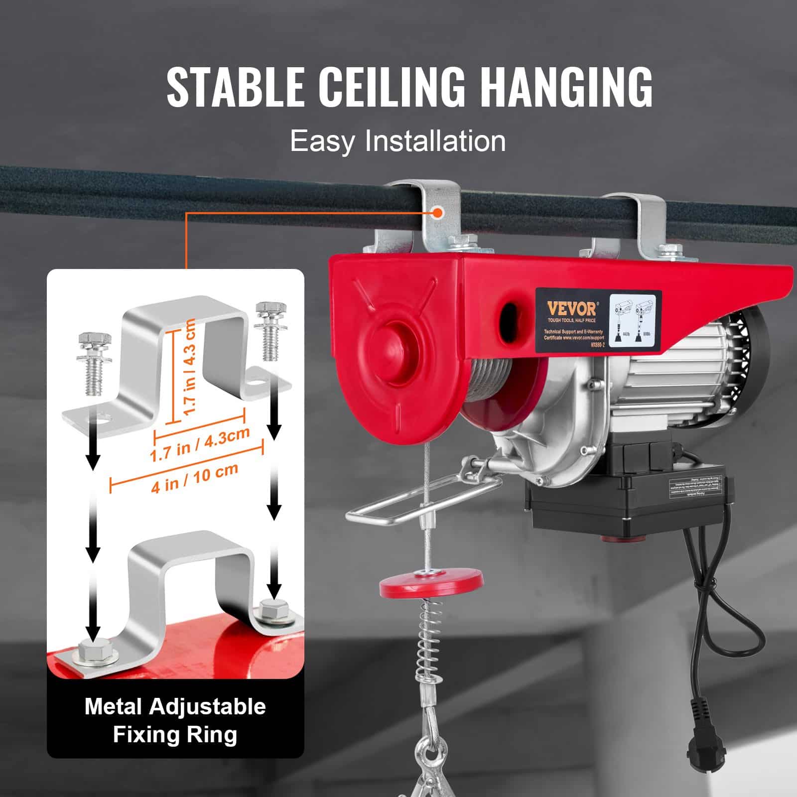 VEVOR Electric Hoist 399.2kg Capacity, 850W 220V Winch with Remote, 12.19m Lift Height, Copper Motor for Garage/Factory - Image 6