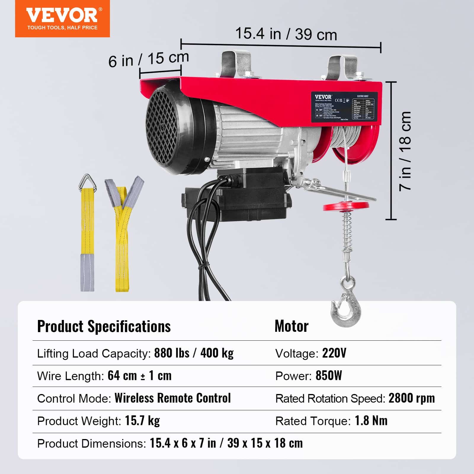 VEVOR Electric Hoist 399.2kg Capacity, 850W 220V Winch with Remote, 12.19m Lift Height, Copper Motor for Garage/Factory - Image 7