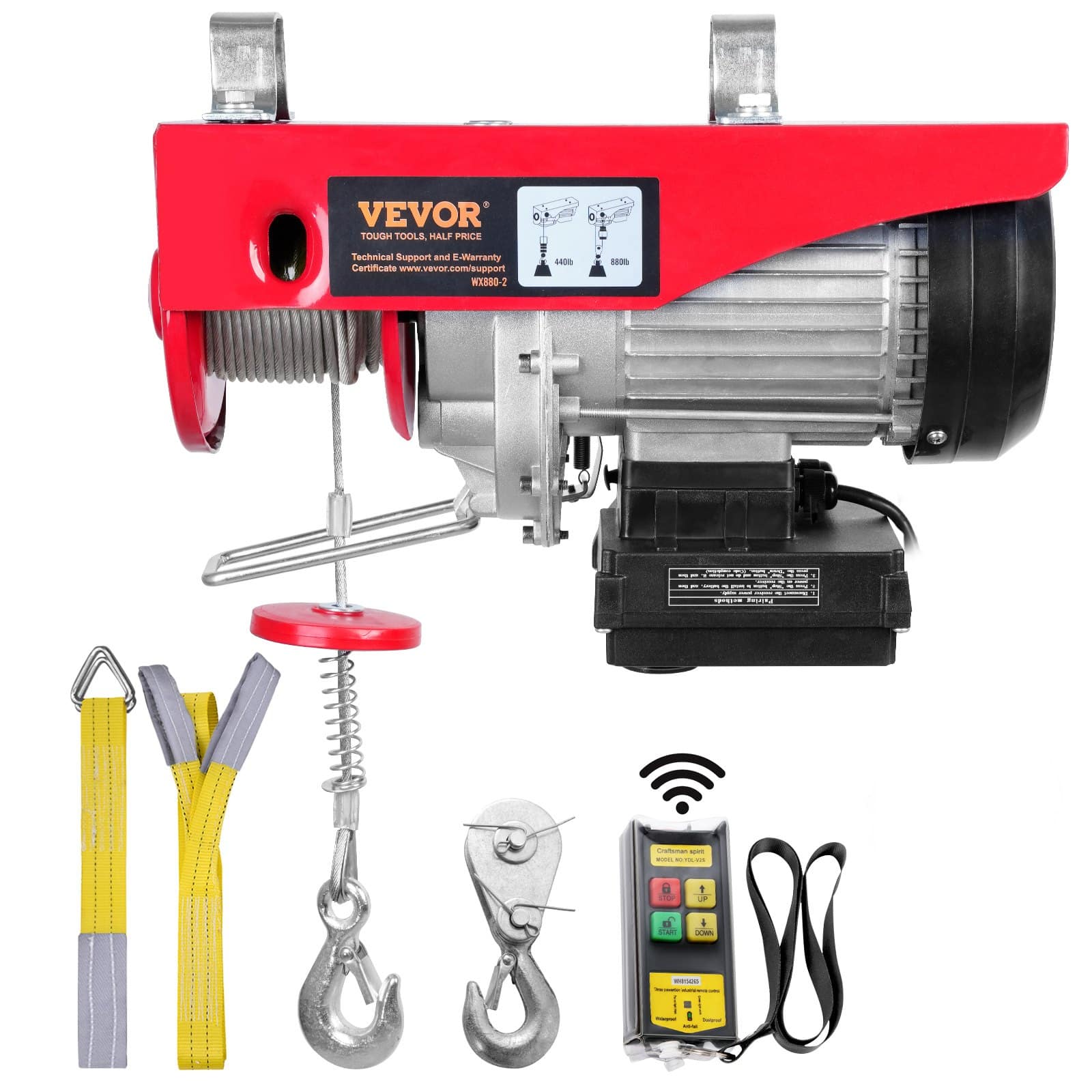 VEVOR Electric Hoist 399.2kg Capacity, 850W 220V Winch with Remote, 12.19m Lift Height, Copper Motor for Garage/Factory