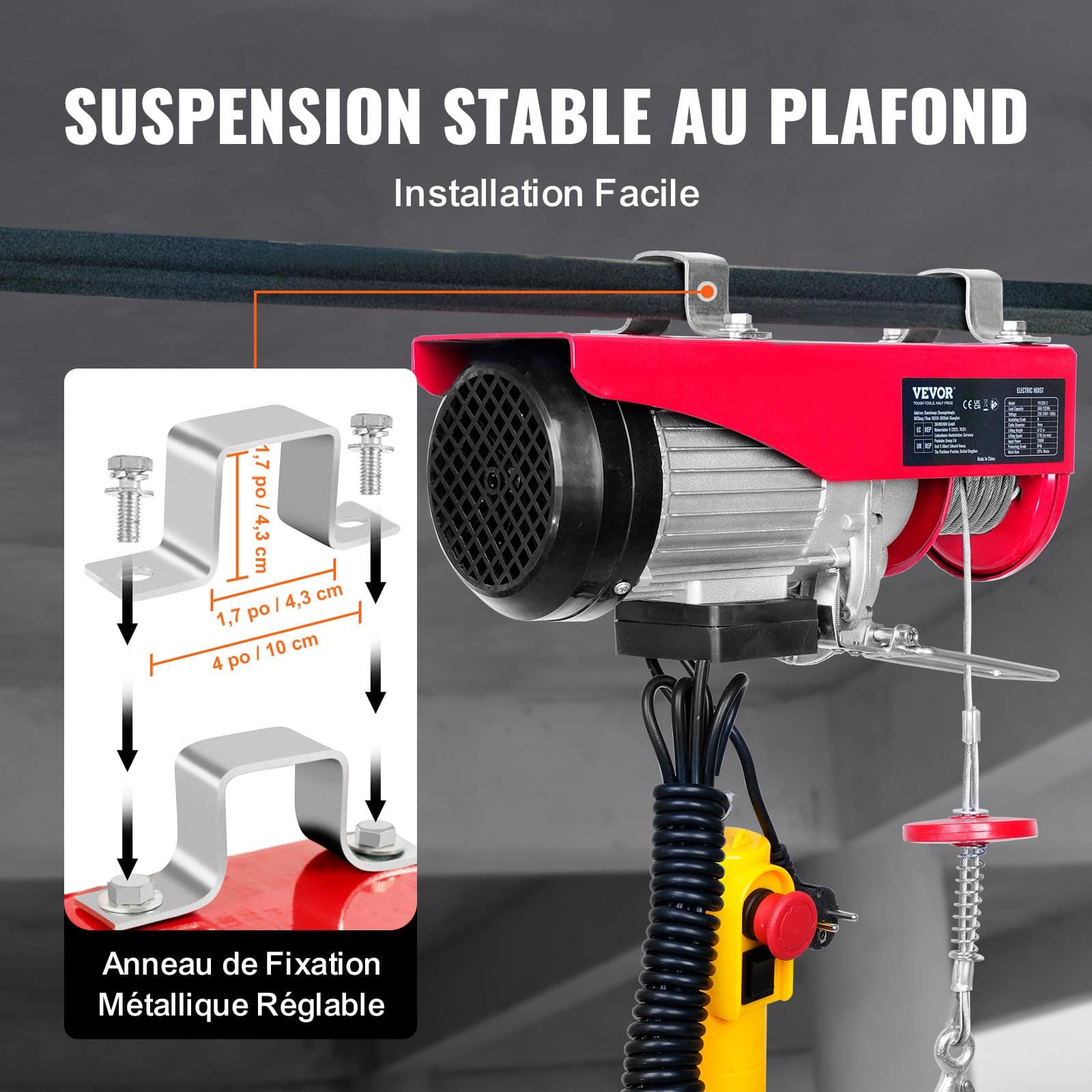 VEVOR Electric Hoist 598.7kg Capacity, 1150W 220V Steel Wire Winch, 12.2m Lift, 4.3m Remote, Copper Motor for Garage/Factory - Image 6