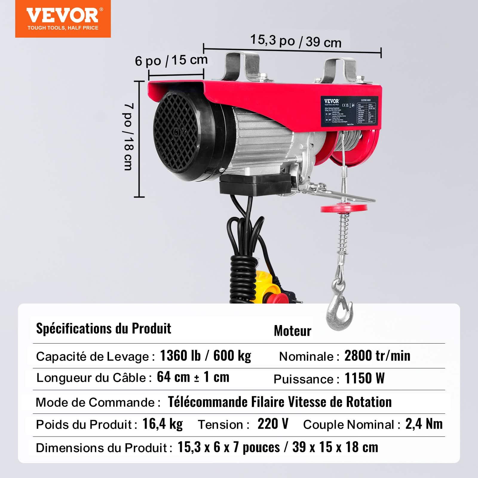 VEVOR Electric Hoist 598.7kg Capacity, 1150W 220V Steel Wire Winch, 12.2m Lift, 4.3m Remote, Copper Motor for Garage/Factory - Image 7