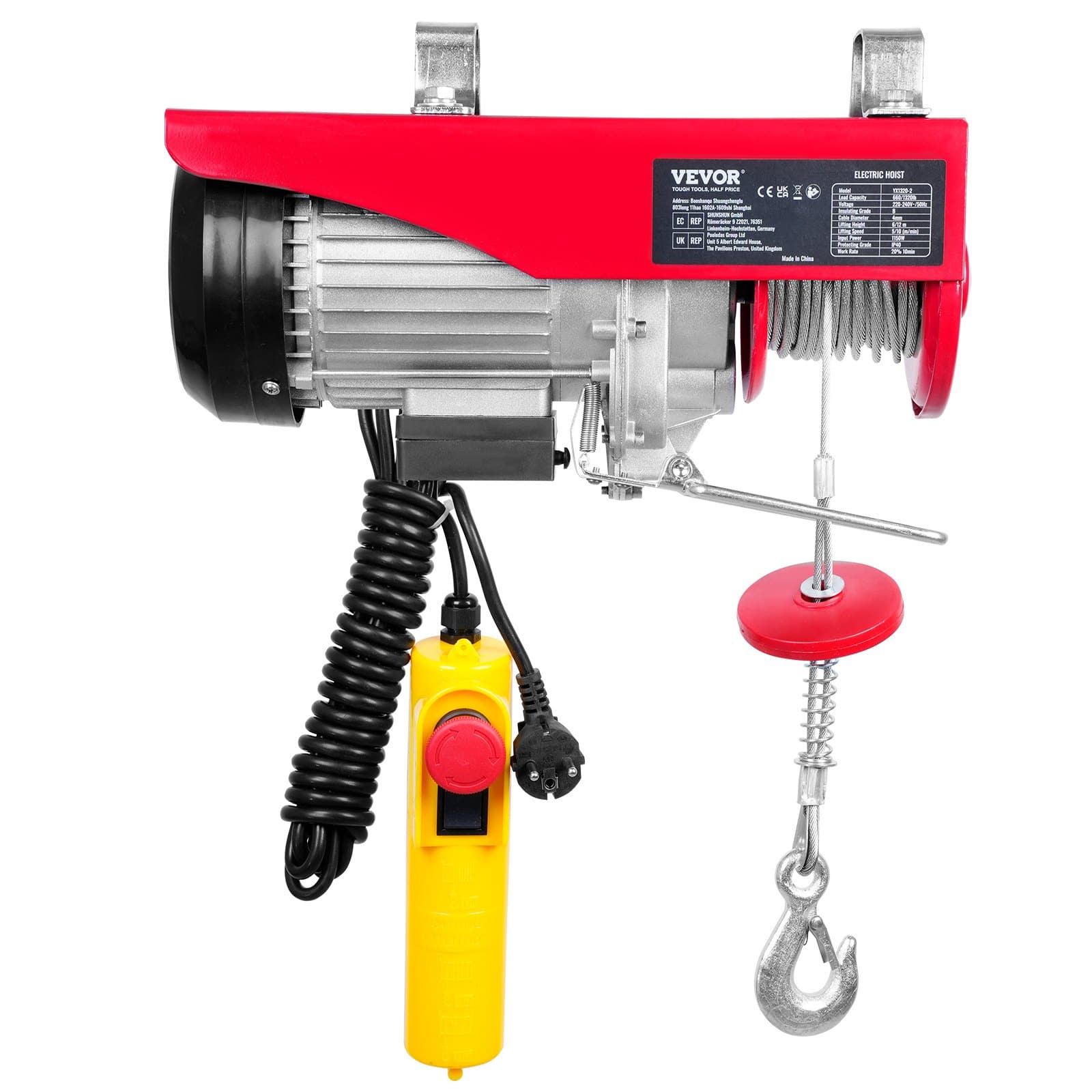 VEVOR Electric Hoist 598.7kg Capacity, 1150W 220V Steel Wire Winch, 12.2m Lift, 4.3m Remote, Copper Motor for Garage/Factory - Image 10