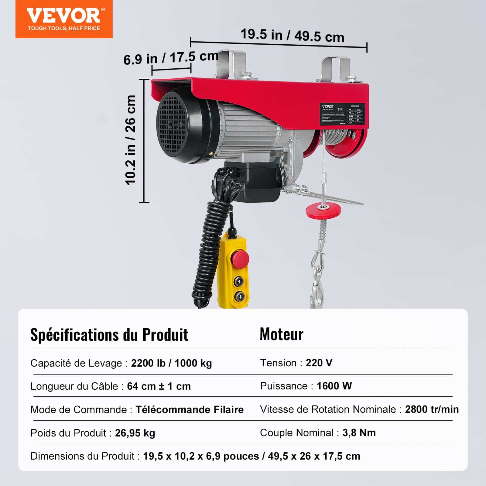 VEVOR Electric Hoist 998 kg Capacity, 1600W 220V Winch with 4.27 m Remote, 12.19 m Lift Height, Copper Motor for Garage/Factory - Image 7