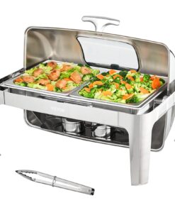 VEVOR 8.5L Stainless Steel Chafing Dish with Roll Top, Glass Lid & Fuel Holder – Buffet Food Warmer for Catering & Events