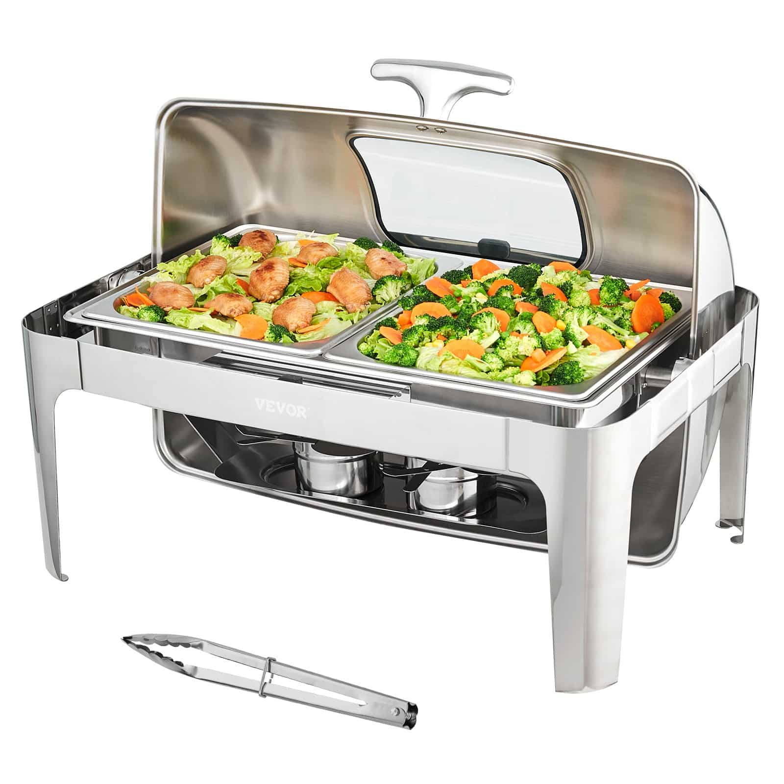 VEVOR 8.5L Stainless Steel Chafing Dish with Roll Top, Glass Lid & Fuel Holder – Buffet Food Warmer for Catering & Events