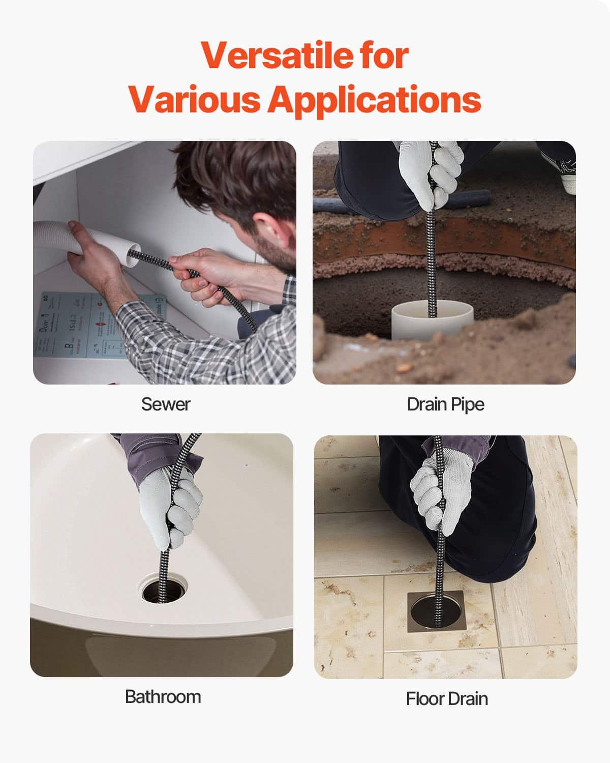 VEVOR Electric Drain Cleaner 23 m x 12.7 mm Auto-Feed Auger for 50–100 mm Pipes with 4 Cutter Heads, 1500 RPM - Image 6