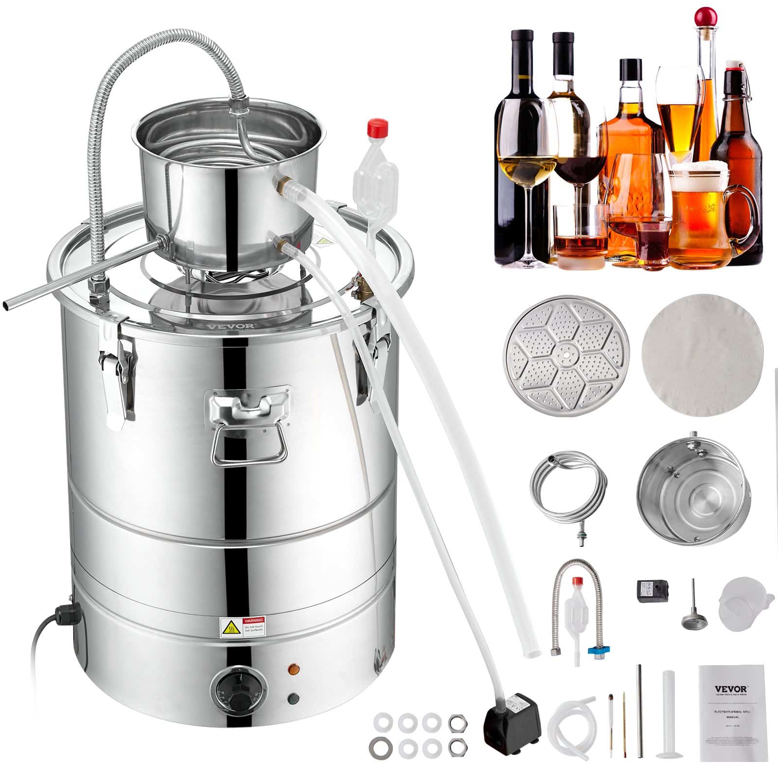 VEVOR 49.2L Electric Essential Oil & Alcohol Distiller with Thumper Keg, Water Pump & Stainless Steel Coil Condenser