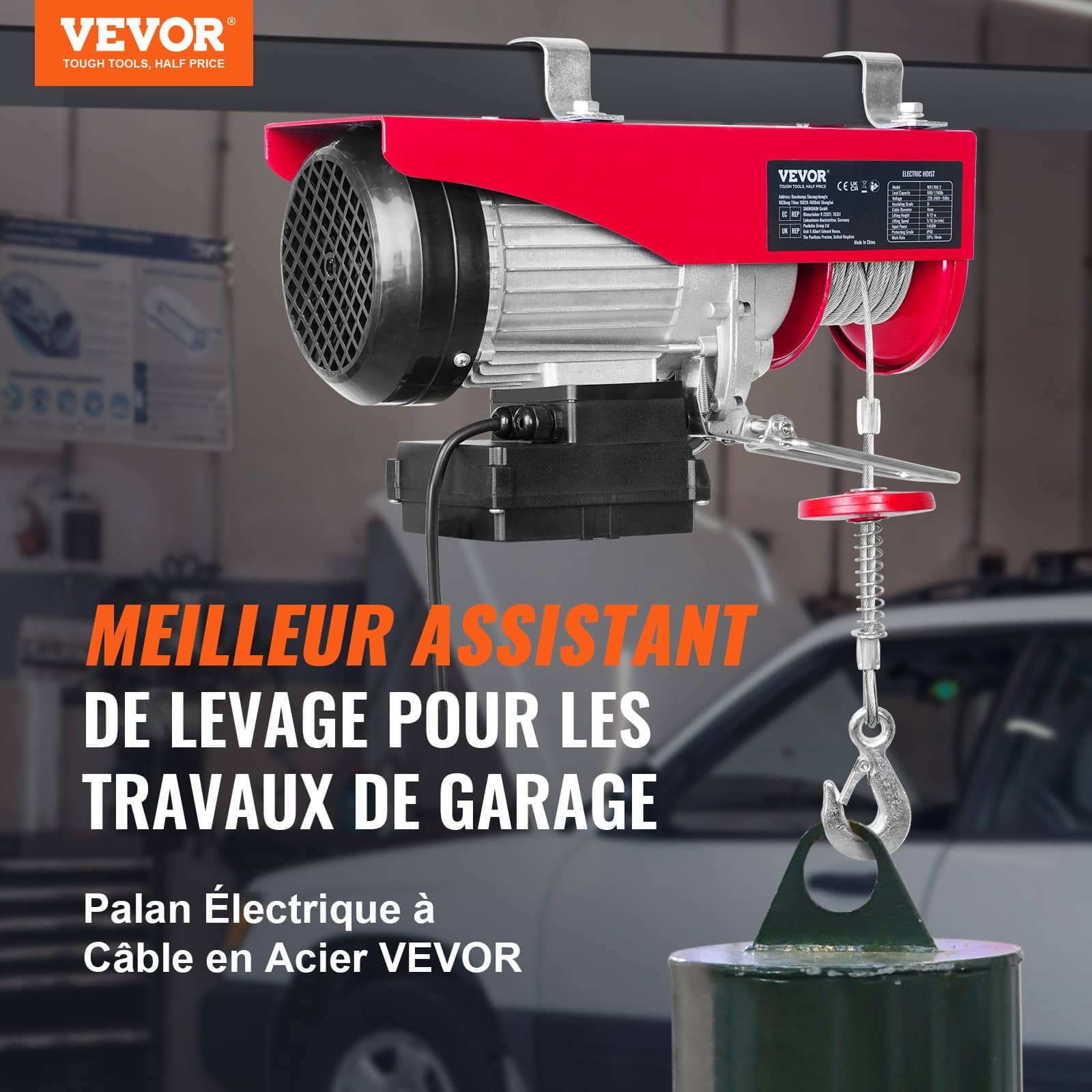 VEVOR Electric Hoist 798kg, 1450W 220V Steel Wire Winch, 12.19m Lift, Remote Control, for Garage, Warehouse, Factory - Image 2