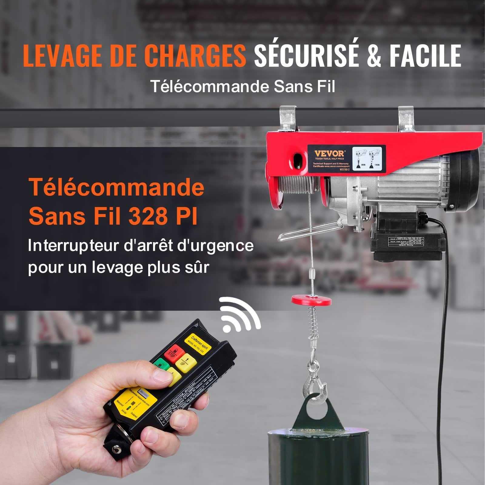 VEVOR Electric Hoist 798kg, 1450W 220V Steel Wire Winch, 12.19m Lift, Remote Control, for Garage, Warehouse, Factory - Image 3