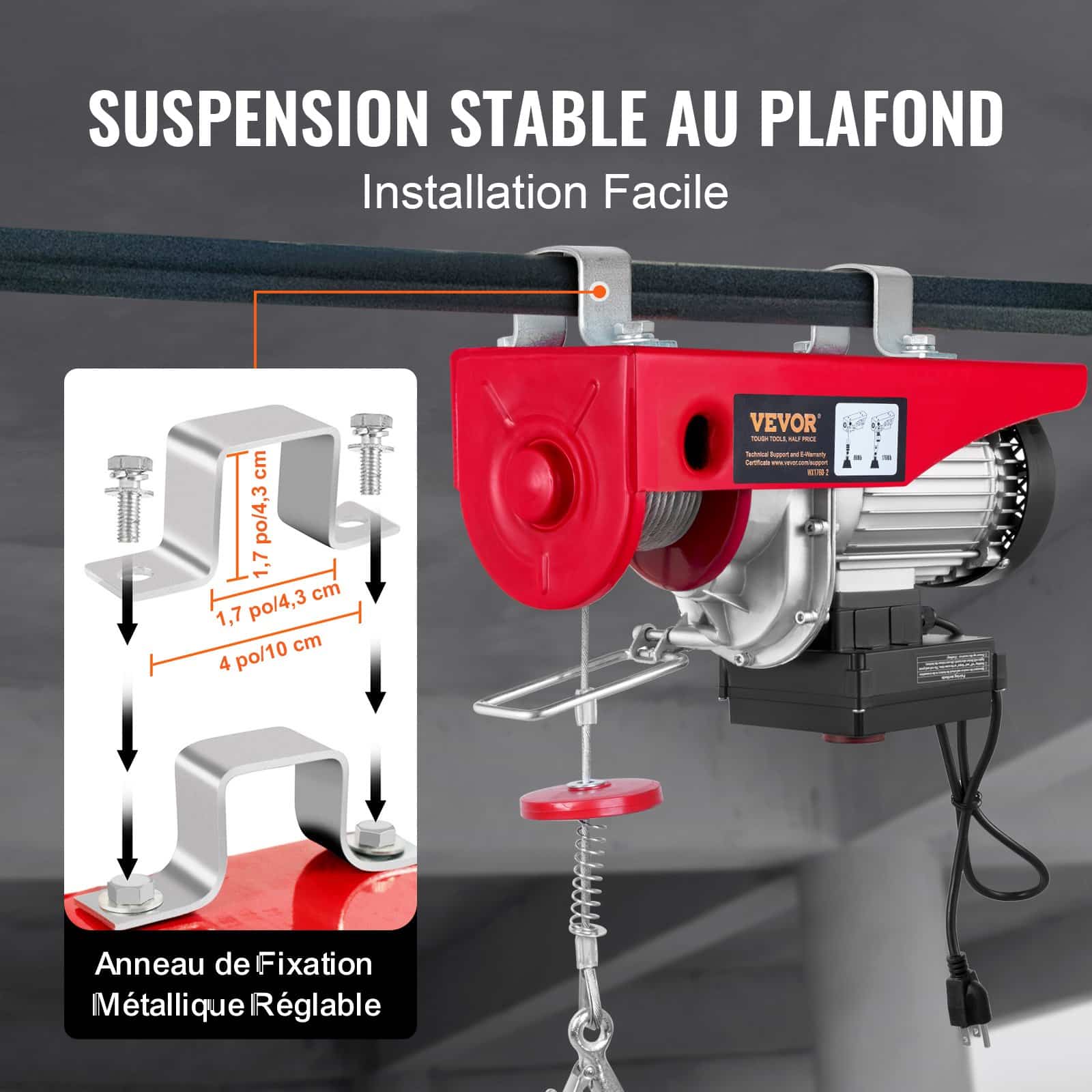 VEVOR Electric Hoist 798kg, 1450W 220V Steel Wire Winch, 12.19m Lift, Remote Control, for Garage, Warehouse, Factory - Image 6