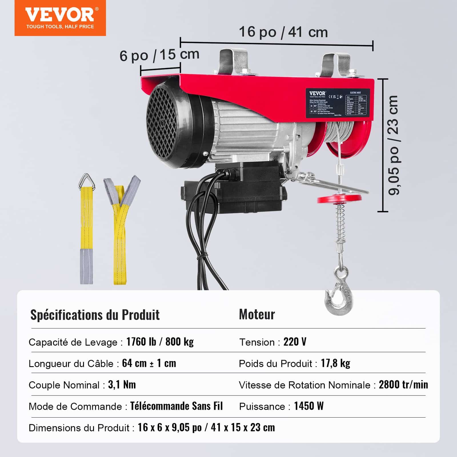 VEVOR Electric Hoist 798kg, 1450W 220V Steel Wire Winch, 12.19m Lift, Remote Control, for Garage, Warehouse, Factory - Image 7