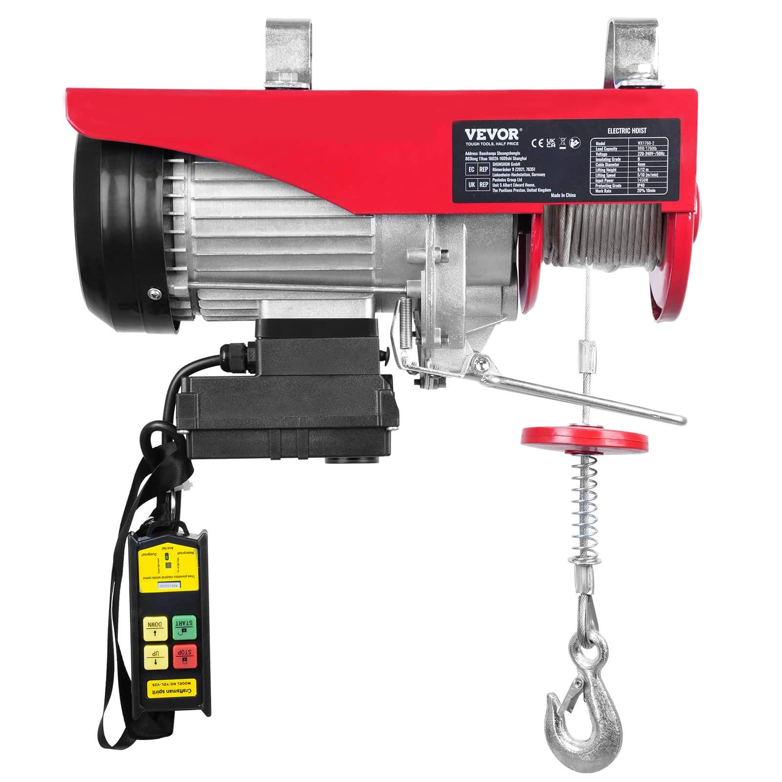 VEVOR Electric Hoist 798kg, 1450W 220V Steel Wire Winch, 12.19m Lift, Remote Control, for Garage, Warehouse, Factory - Image 10