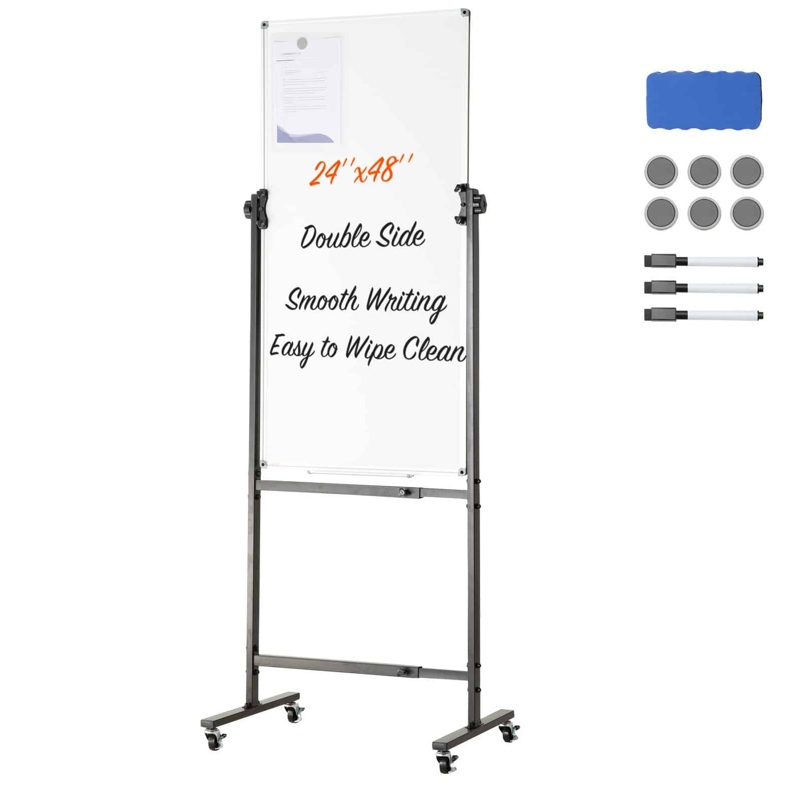 VEVOR Double-Sided Mobile Magnetic Whiteboard 60x120 cm, Adjustable Height, with Markers, Eraser & Tray for Office/School