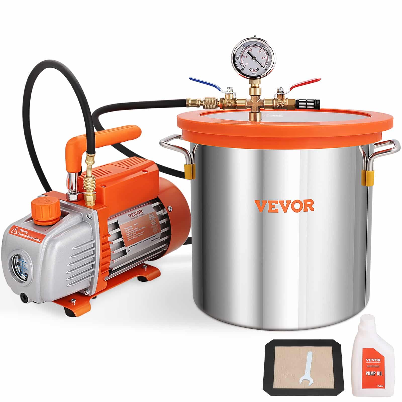 VEVOR 11.4 L Vacuum Chamber Kit with 3.5 CFM Single-Stage Pump & Glass Lid, for Resin Degassing & Wood Stabilizing, 250 ml Oil