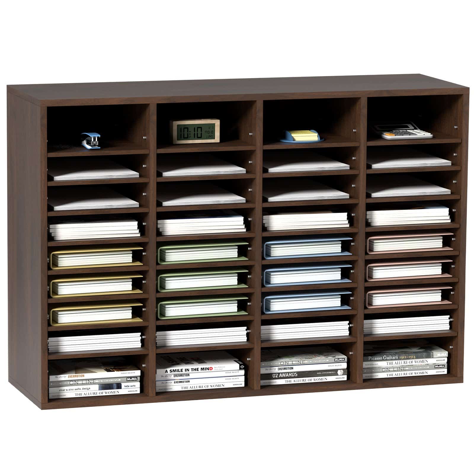 VEVOR 36-Compartment Wood Literature Organizer, Adjustable Shelves, 100x30.5x68 cm, for Office, Home, Classroom, Brown