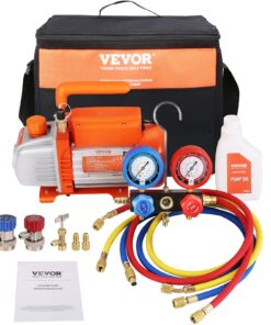 VEVOR 180W 128 L/min Single-Stage Rotary Vane AC Vacuum Pump & Manifold Gauge Set with Hoses & Bag, for R134a/R410a Refrigerants