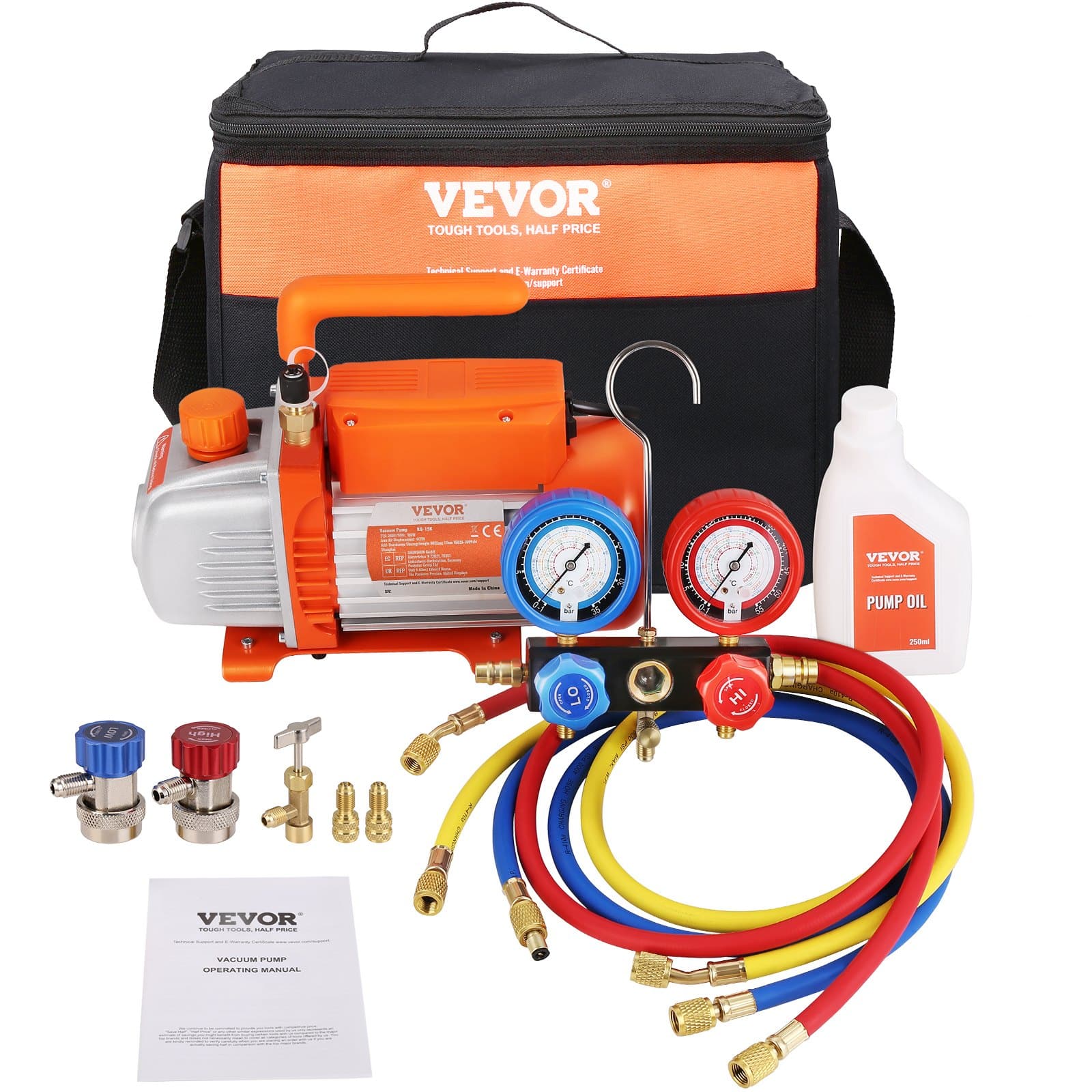 VEVOR 180W 128 L/min Single-Stage Rotary Vane AC Vacuum Pump & Manifold Gauge Set with Hoses & Bag, for R134a/R410a Refrigerants