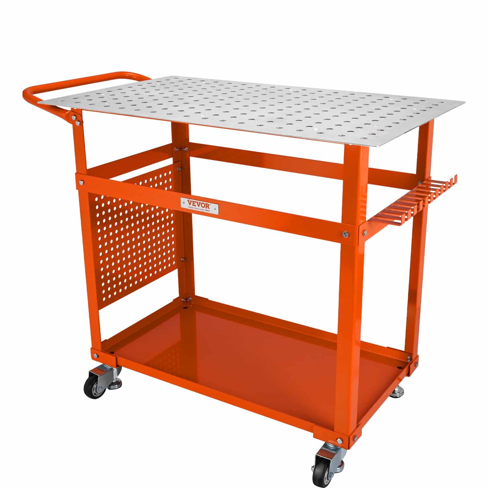 VEVOR Steel Welding Table 91.4x61 cm, 272 kg Load, Double-Layer Storage, 1.6 cm Holes, 11 Hooks, Portable with Wheels