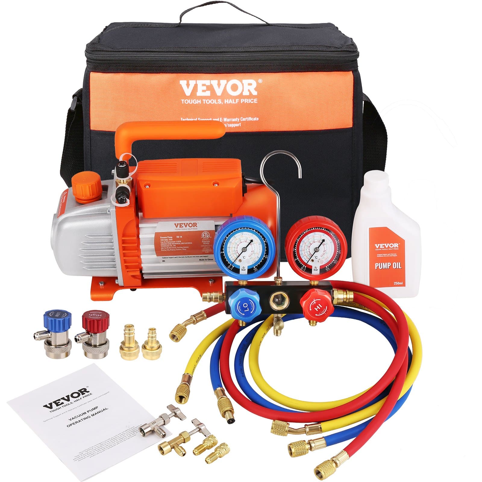 VEVOR 150W 100LPM 5Pa HVAC Vacuum Pump Kit with Gauge Set, Hoses & Bag, for R134a/R1234yf AC Refrigerant Systems