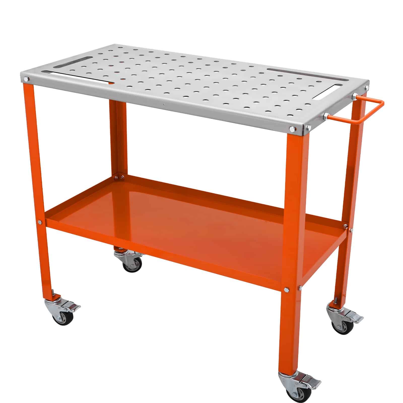 VEVOR Steel Welding Table 91.4x45.7 cm, 544 kg Load, 2-Tier Workbench with Wheels, Fixture Holes & Tool Slots