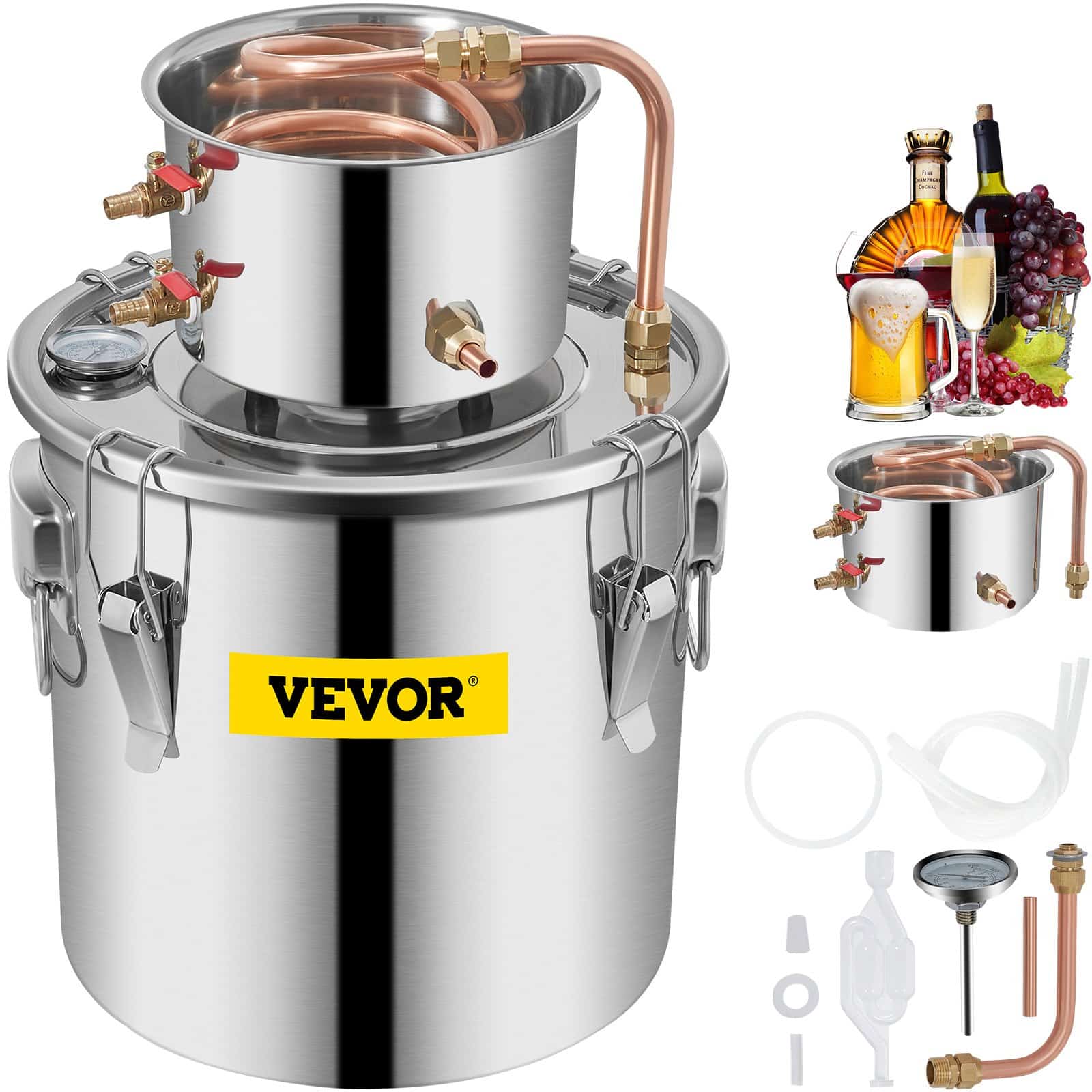 VEVOR 12.5L Stainless Steel Distillery Kit with Water Pump – Alcohol, Essential Oil & Water Distiller