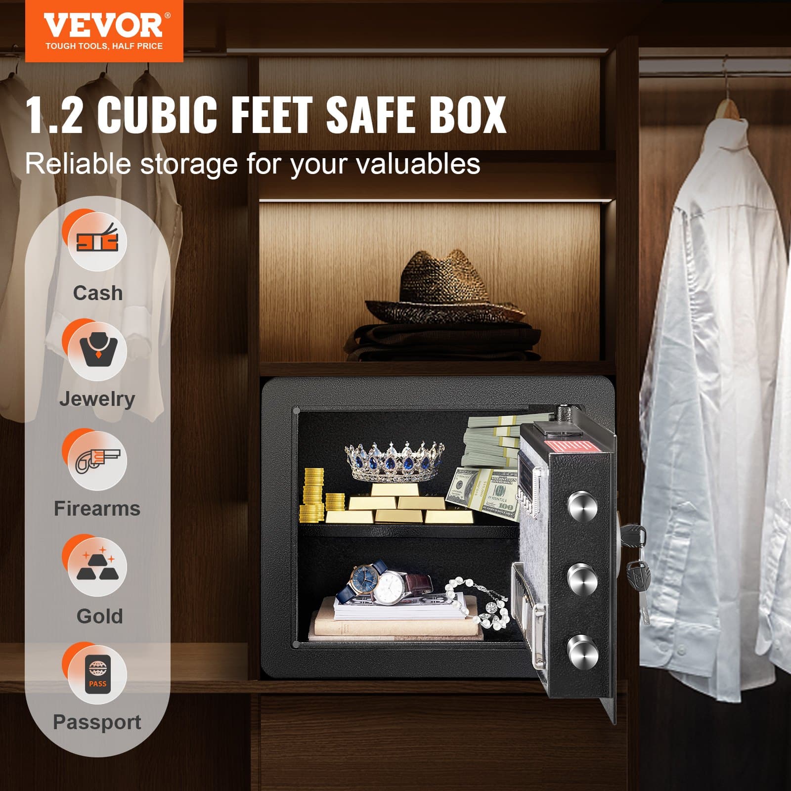 VEVOR 33.9L Digital Steel Safe with Keypad & Keys, Fire-Proof Bag, Alarm, Wall Mount, 40.1x30.0x35.1 cm for Home & Hotel - Image 2
