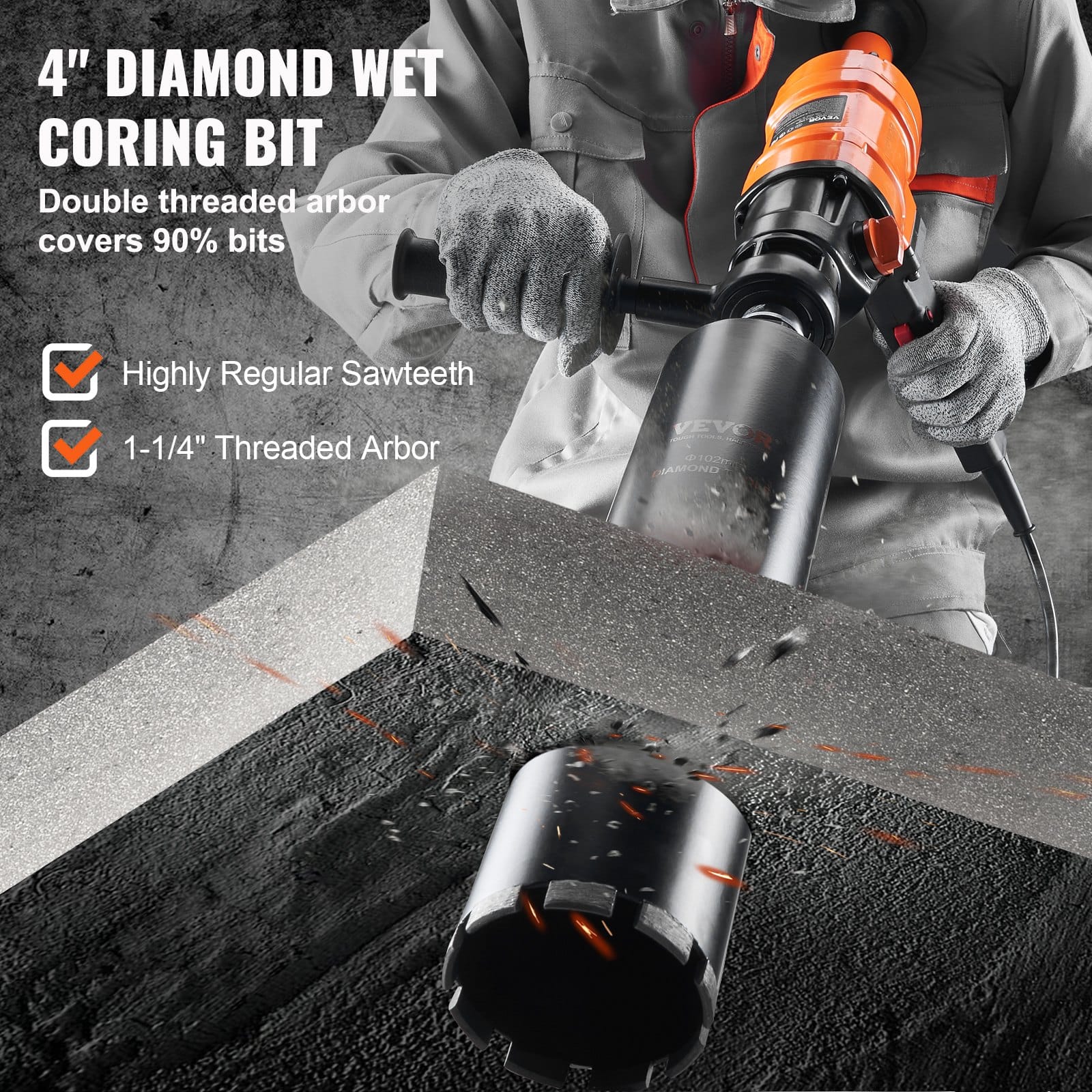 VEVOR 1500W Handheld Diamond Core Drill Machine with 10.2 cm Bit, 2-Speed Wet Concrete Core Drill Rig - Pilt 4