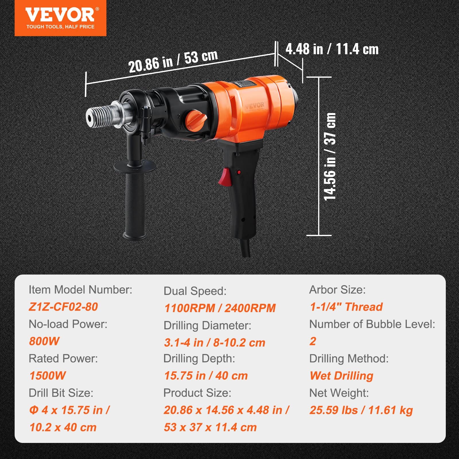 VEVOR 1500W Handheld Diamond Core Drill Machine with 10.2 cm Bit, 2-Speed Wet Concrete Core Drill Rig - Pilt 7