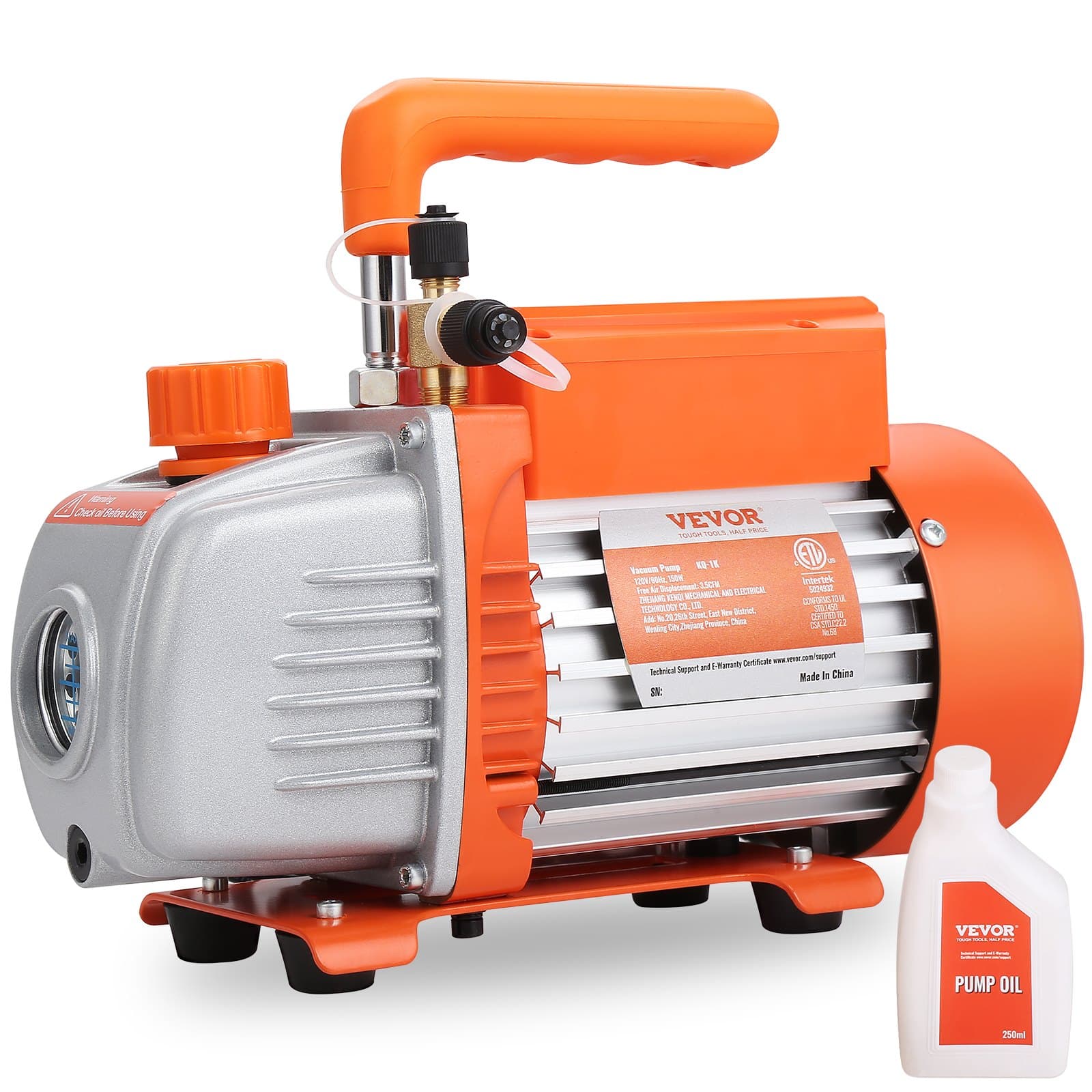 VEVOR 1/5 HP Single Stage Vacuum Pump, 3.5 CFM, 220–240V, 0.6 cm SAE & 1.27 cm ACME Inlet, for HVAC, Refrigeration, Resin