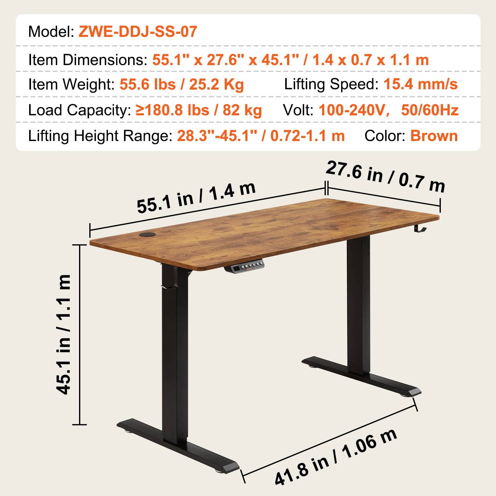 VEVOR Electric Height Adjustable Standing Desk 140x70 cm, Dual Motor, 3 Memory Presets, 81.6 kg Load, for Home & Office - Зображення 7