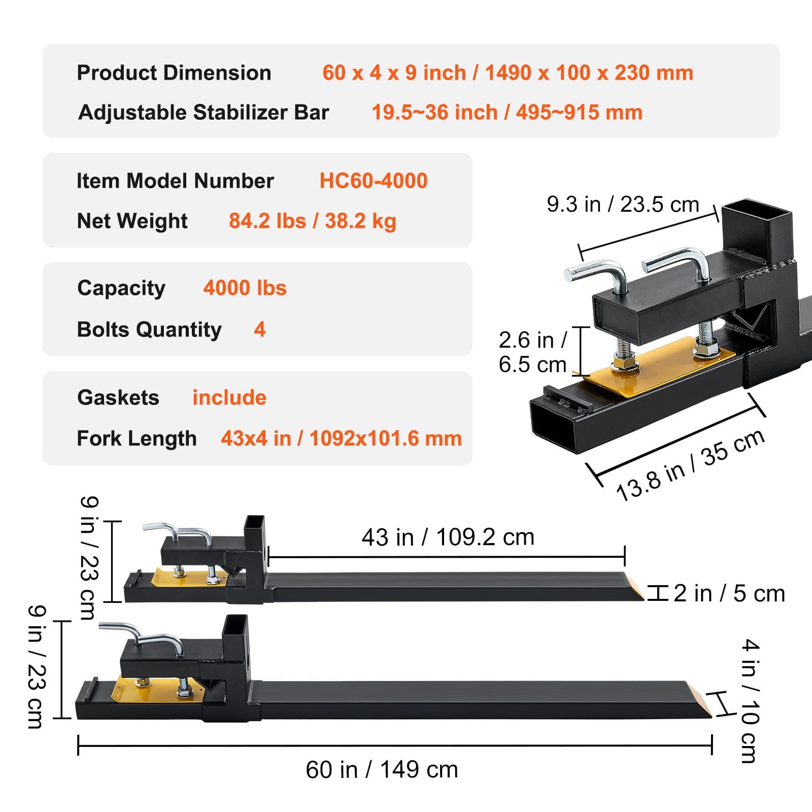 VEVOR Clamp-On Pallet Forks 1814 kg Capacity, 152 cm Heavy-Duty Tractor Bucket Forks for Loader, Skid Steer, Farm Use - Зображення 7