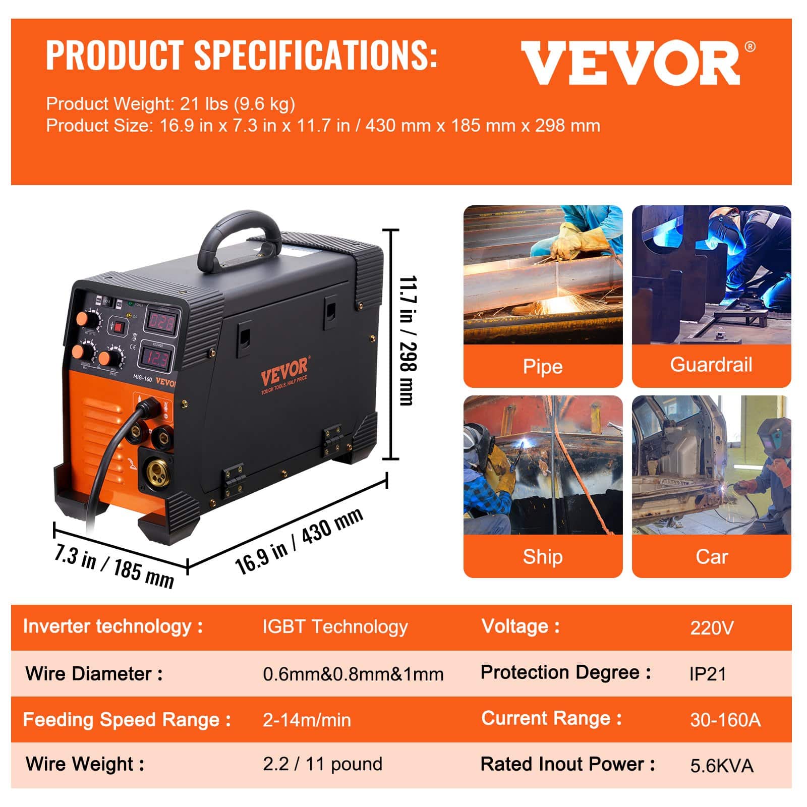 VEVOR 160A 3-in-1 MIG/TIG/MMA Welding Machine, 220V IGBT Inverter Welder with Digital Display, Flux Core & Stick Welding - Image 7
