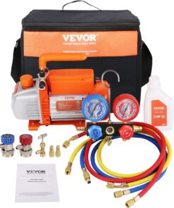 VEVOR 150W 100 LPM HVAC Vacuum Pump & Manifold Gauge Set with 3 Hoses and Bag for R134a/R410a Refrigerants, 220-240V