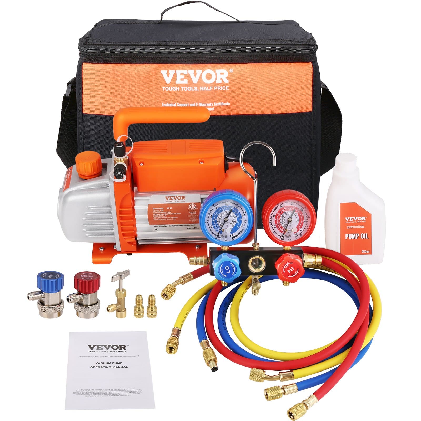 VEVOR 150W 100 LPM HVAC Vacuum Pump & Manifold Gauge Set with 3 Hoses and Bag for R134a/R410a Refrigerants, 220-240V