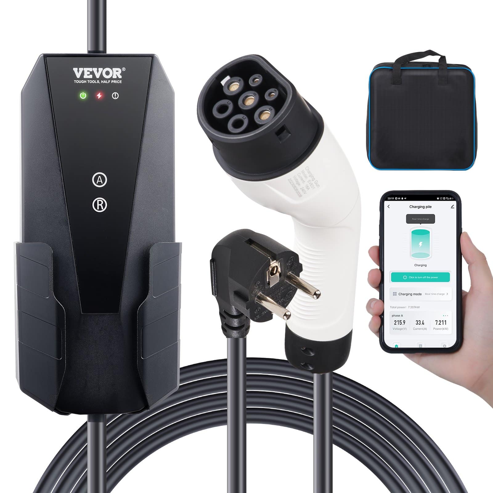 VEVOR Portable EV Charger Type 2, 16A 3.7kW with 8.6m Cable, CEE 7/7 Plug, IP66, Smart App, IEC 62196, Storage Bag & Hook