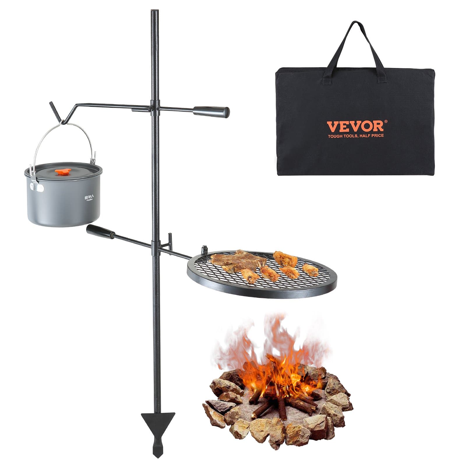 VEVOR Swivel Campfire Grill, Heavy-Duty Steel, Adjustable Height, Portable, 14in/35.5cm Cooking Grate, for Outdoor Fire Cooking