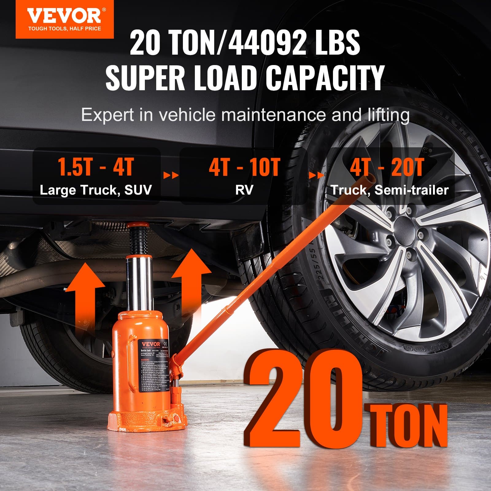 VEVOR 20 Ton Hydraulic Bottle Jack, 240-450 mm Lift Range, 3-Section Handle, for Car, Truck, RV, Auto Repair & Industry - Image 2