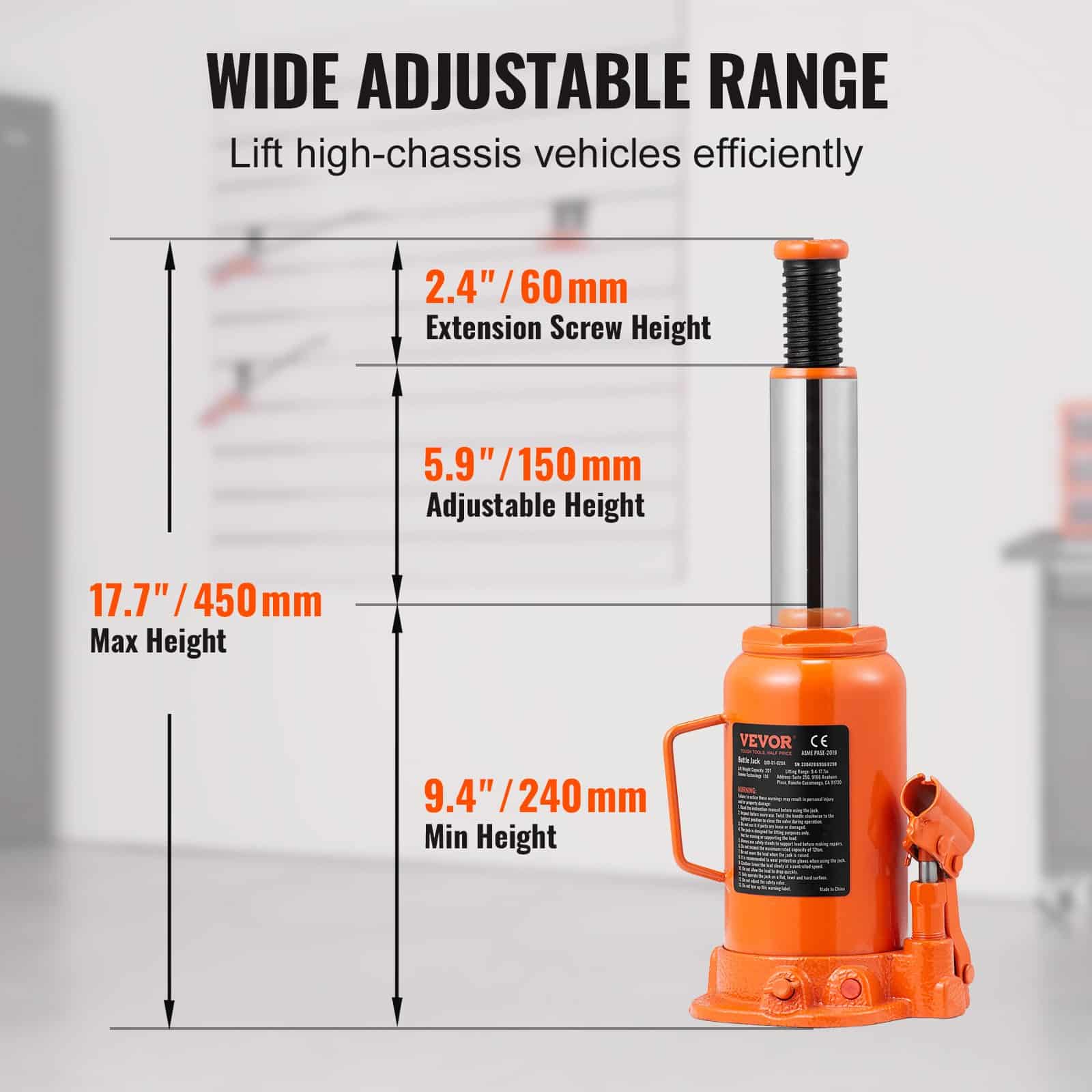 VEVOR 20 Ton Hydraulic Bottle Jack, 240-450 mm Lift Range, 3-Section Handle, for Car, Truck, RV, Auto Repair & Industry - Image 3